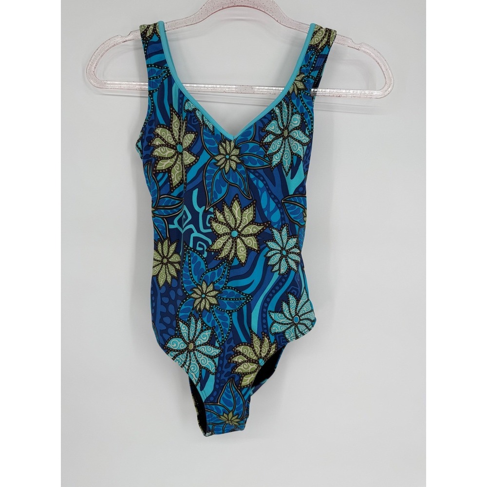 Cavaricci Floral One Piece Swimsuit Blue Green Patterned Swimwear Sz M Vintage